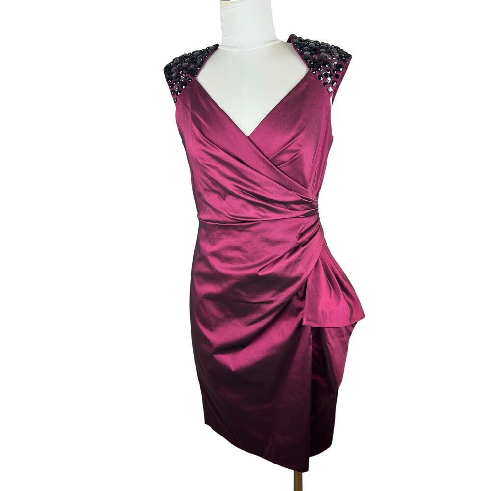 Maggy London Burgundy Jeweled Shoulder Draped Cocktail Dress Size 12